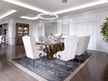 Büyük yemek masası için sekiz kişi yemek odası klasik tarzda, kristal avizeler tablosunun üstünde. Yemek odası tasarımı. 3D render.