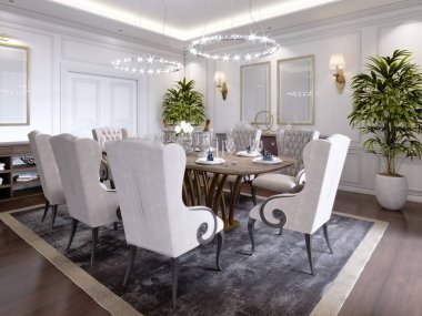 Büyük yemek masası için sekiz kişi yemek odası klasik tarzda, kristal avizeler tablosunun üstünde. Yemek odası tasarımı. 3D render.