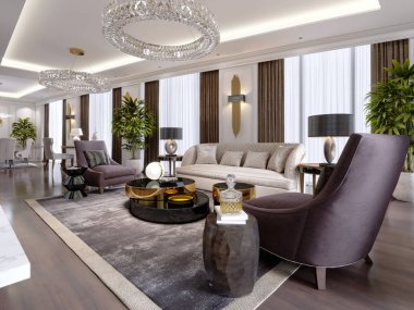 Modern, klasik tarzı otel oda bir salon ve yemek alanı ve tasarımcı mobilya ile. 3D render