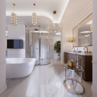 Duvar, duş, vanity ayna ve duvar lamba ile lüks çağdaş banyo müstakil banyo ve Tv ile. 3D render.