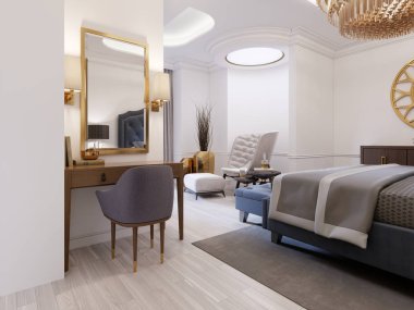 Modern tasarım Suite zarif mobilyalar ve bir açık banyo ve yatak odası. 3D render.