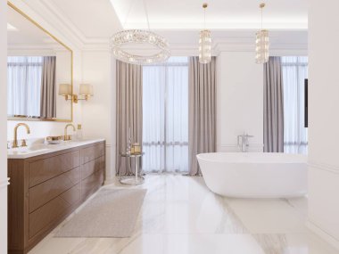 Modern banyo vanity ve altın çerçeveli duvar aplikler, dekor, duş ve şık banyo düşük bir tabloyla bir ayna ile. 3D render.