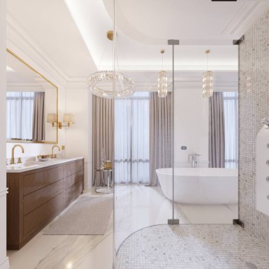 Modern banyo vanity ve altın çerçeveli duvar aplikler, dekor, duş ve şık banyo düşük bir tabloyla bir ayna ile. 3D render.