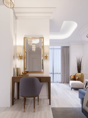 Tasarımcı çalışma ve tuvalet masası ahşap yaldızlı çerçeve ve parlayan aplikler Suite duvardaki aynada ile yapılmış. 3D render.