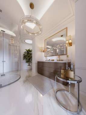 Modern banyo vanity ve altın çerçeveli duvar aplikler, dekor, duş ve şık banyo düşük bir tabloyla bir ayna ile. 3D render.