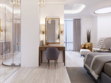 Modern tasarım Suite zarif mobilyalar ve bir açık banyo ve yatak odası. 3D render.