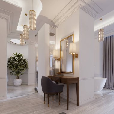 Tasarımcı çalışma ve tuvalet masası ahşap yaldızlı çerçeve ve parlayan aplikler Suite duvardaki aynada ile yapılmış. 3D render.