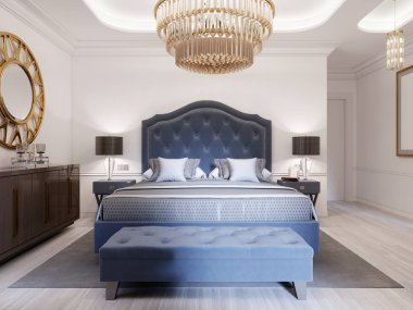 Modern yatak başucu ve lamba ile klasik mavi tarzında. Büyük cam avize üzerinde. Bir şifoniyer bir dekor ve altın ayna yukarıda. Modern yatak odası. 3D render.
