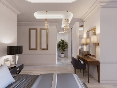 Modern tasarım Suite zarif mobilyalar ve bir açık banyo ve yatak odası. 3D render.