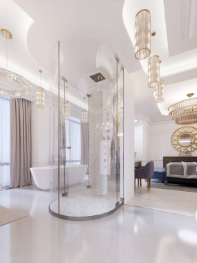 Misafir odası açık banyo, duş ve tuvalet ve banyo. Modern Süiti. 3D render.