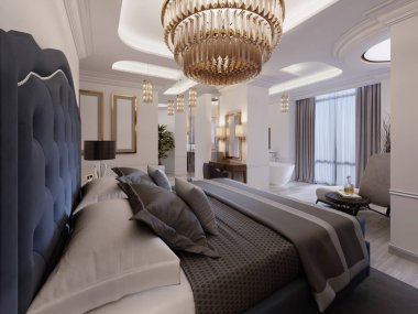 Bir yatak odası ve modern bir tarzda beyaz ve açık renklerde bir açık banyo alanı ile lüks Cumhurbaşkanlığı otel odasında. 3D render. 