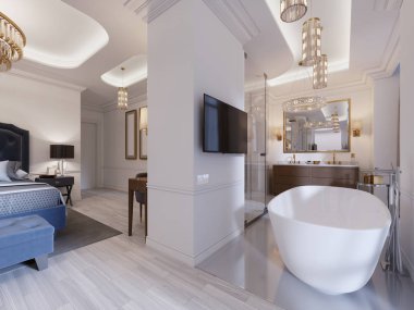 Misafir odası açık banyo, duş ve tuvalet ve banyo. Modern Süiti. 3D render.