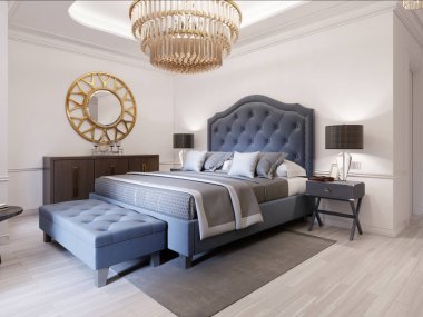 Modern yatak başucu ve lamba ile klasik mavi tarzında. Büyük cam avize üzerinde. Bir şifoniyer bir dekor ve altın ayna yukarıda. Modern yatak odası. 3D render.