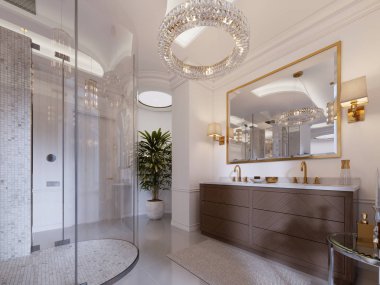Modern banyo vanity ve altın çerçeveli duvar aplikler, dekor, duş ve şık banyo düşük bir tabloyla bir ayna ile. 3D render.