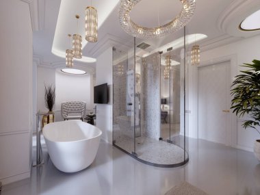 Misafir odası açık banyo, duş ve tuvalet ve banyo. Modern Süiti. 3D render.
