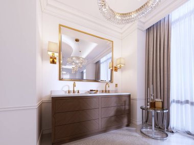 Altın çerçeve ve Aplikler duvar, dekor ile düşük bir tablo ve bir halı ile bir avize aynaya ile modern ahşap makyaj. 3D render.