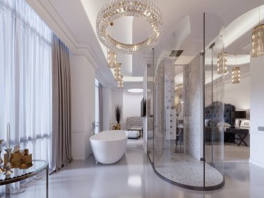Misafir odası açık banyo, duş ve tuvalet ve banyo. Modern Süiti. 3D render.