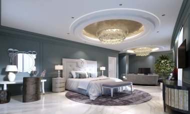 Açık alan, bir yatak odası ve oturma odası salon yeni bir lüks otel misafir odasında. 3D render.