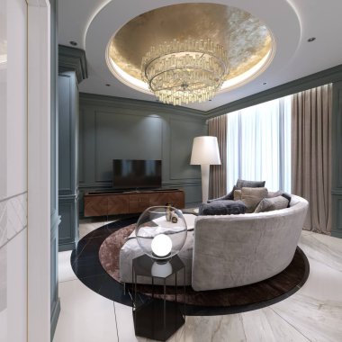 Yarım daire şeklindeki bir kanepe ve Tv Standı yakınında rahat bir koltuk ile küçük bir oturma odası. Mavi duvar ve mermer zemin ile oturma odası iç tasarım. 3D render