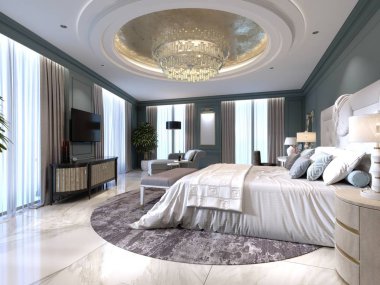 Bir yatak odası ve yaşam alanı ile klasik öğeleri, mavi duvar ve ışık Mobilya çağdaş tarzda lüks daireler. 3D render