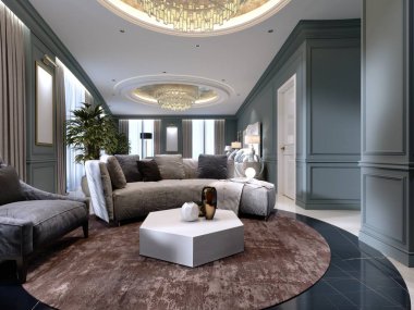 Bir yatak odası ve yaşam alanı ile klasik öğeleri, mavi duvar ve ışık Mobilya çağdaş tarzda lüks daireler. 3D render