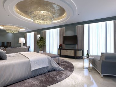 Bir yatak odası ve yaşam alanı ile klasik öğeleri, mavi duvar ve ışık Mobilya çağdaş tarzda lüks daireler. 3D render