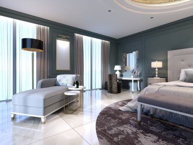 Büyük beyaz yatak yatak odası ve bir tabure bir tuvalet masası ile modern tasarımı. karanlık duvarlar ışık mobilya, beyaz mermer zemin. 3D render.