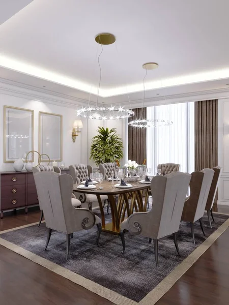 Luxuriöses Esszimmer Mit Großem Tisch Und Weichen Stühlen Einem Klassischen — Stockfoto