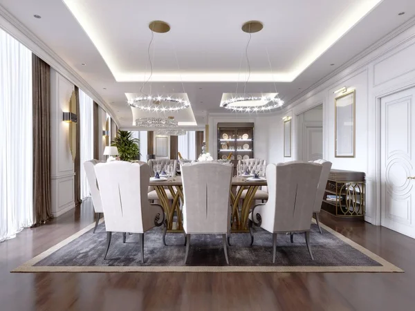 Luxurious dining room with a large table and soft chairs in a classic apartment. 3D rendering.