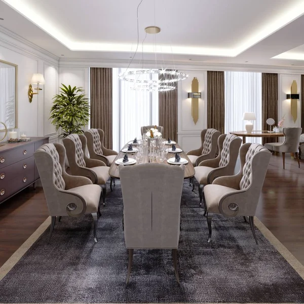 Large dining table for eight people in the dining room classic style, crystal chandeliers above the table. The design of the dining room. 3D rendering.