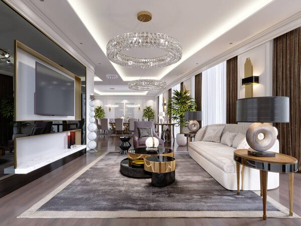 Современный, классический номер отеля с гостиной и столовой и дизайнерской мебелью. 3d-рендеринг
