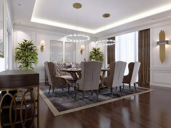 Large dining table for eight people in the dining room classic style, crystal chandeliers above the table. The design of the dining room. 3D rendering.