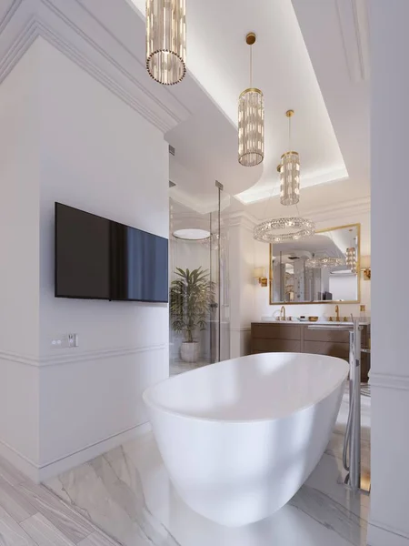 シャワー 鏡と壁のランプの虚栄心のフリー スタンドのバスタブ テレビと豪華な現代的な浴室 レンダリング — ストック写真