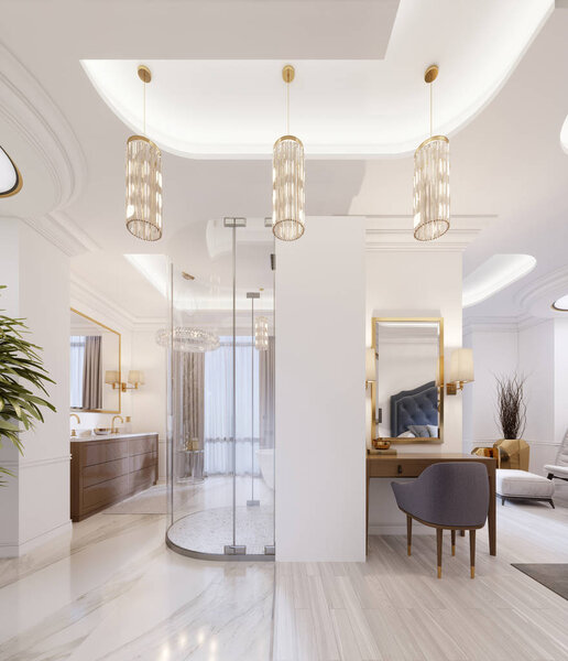 Современная открытая ванная комната в номере с ванной и душем. 3d-рендеринг
.