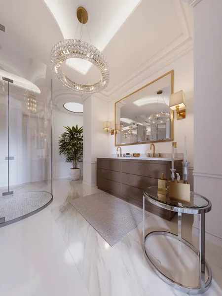 モダンなバスルーム洗面化粧台と壁の Sconces とゴールド フレーム シャワーとファッショナブルなバスタブ付きの低いテーブルにミラー付け レンダリング — ストック写真
