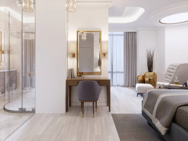 Moderne Design Suite Mit Elegantem Mobiliar Und Offenem Badezimmer Und — Stockfoto