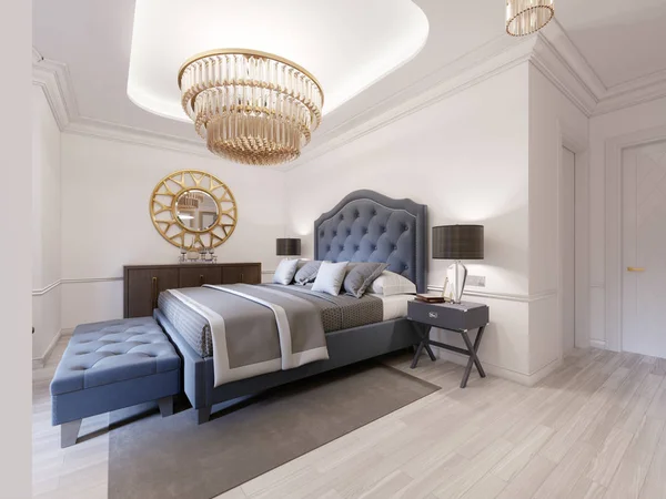 Modern bed in classic blue style with bedside table and lamp. Large glass chandelier over. A dresser with a decor and a golden mirror above. Modern bedroom. 3d rendering.