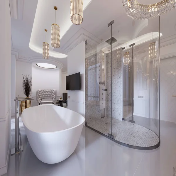 Luxe Moderne Badkamer Met Vrijstaand Ligbad Muur Douche Ijdelheid Met — Stockfoto