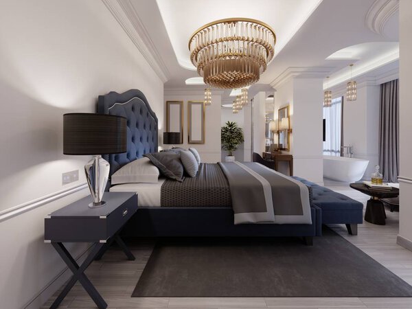 Роскошный президентский номер с спальней и открытой ванной комнатой в белых и светлых тонах в современном стиле. 3D рендеринг
. 