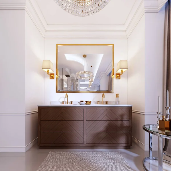 ゴールド フレームおよび装飾つきの低いテーブル シャンデリアが付いている敷物 Sconces の鏡とモダンな木の虚栄心 レンダリング — ストック写真