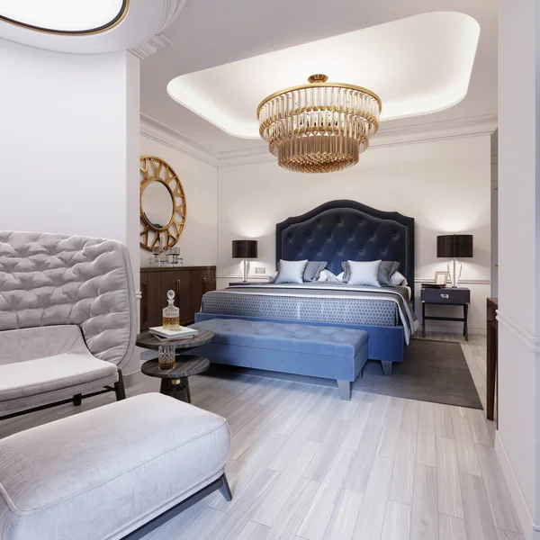 Design Une Chambre Luxueuse Dans Style Contemporain Avec Lit Bleu — Photo