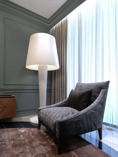Comfortabele Stoel Met Een Grote Witte Vloerlamp Kamer Rendering — Stockfoto