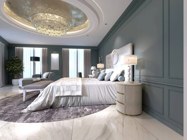 Élégant Intérieur Chambre Avec Grand Lit Confortable Canapé Avec Coiffeuse — Photo