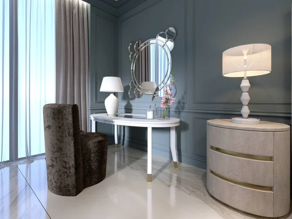 Classic White Dressing Table Mirror Soft Chair Bedroom Rendering — Stock Photo, Image