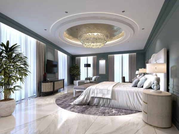Elegante Interior Quarto Com Grande Cama Confortável Sofá Com Penteadeira — Fotografia de Stock