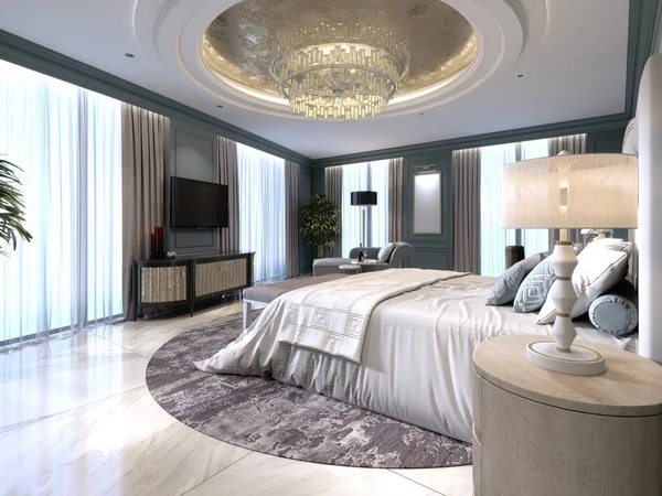 卧室的现代设计 有一张白色的大床 旁边有一个梳妆台 深色墙壁浅色家具 白色大理石地板 — 图库照片