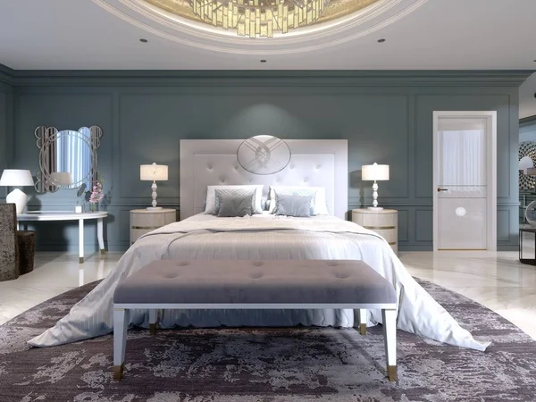 The modern design of the bedroom with a large white bed and a stool with a dressing table nearby. dark walls light furniture, white marble floor. 3d rendering.