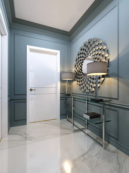 The corridor in the apartment with a modern metal console with glass shelves and luminous lamps and a round mirror on the wall. Hall corridor interior design with blue walls and white doors. 3d rendering