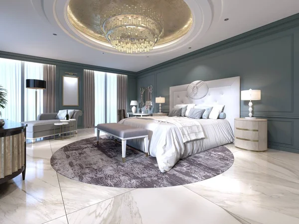 卧室的现代设计 有一张白色的大床 旁边有一个梳妆台 深色墙壁浅色家具 白色大理石地板 — 图库照片