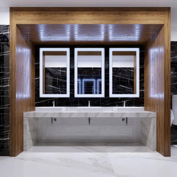 Wooden niche with mirrors, lights and sinks on the wall of black marble in a public toilet. 3d rendering